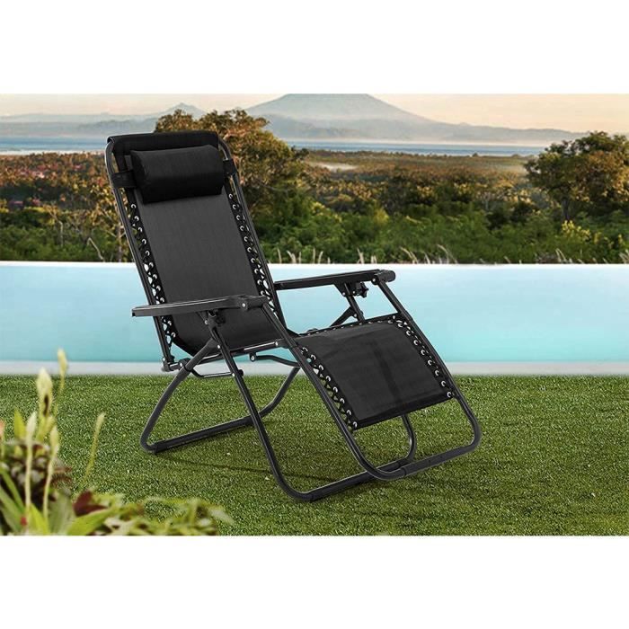 Lot de 2 Chaises de Jardin inclinable fauteuils relax pliants Chaise Longue pour l’Extérieur, Structure en acier, Noir