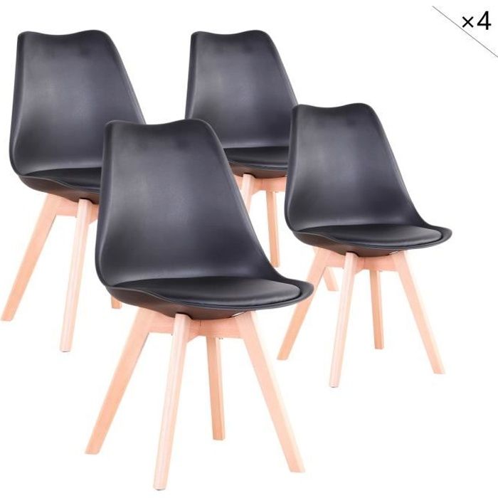 Lot de 4 Chaises de salle à Manger Design Scandinave en Plastique Chaise en cuir Synthétique à Manger(Noir)