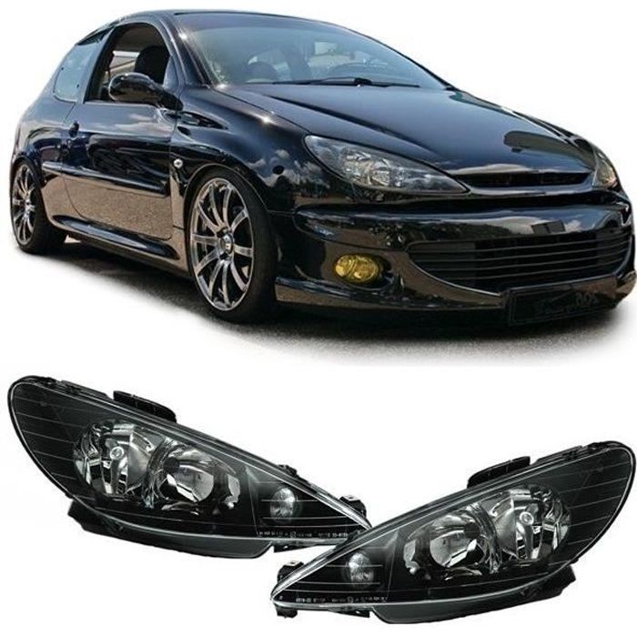 2 FEUX PHARE AVANT NOIR PEUGEOT 206 PHASE 1 LOOK PHASE 2 AVEC PRISE H4