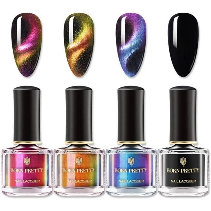 BORN PRETTY 3D vernis magnetique chat yeux caméléon vernis à ongles 3 couleurs ensemble, vernis de base noir avec bâtons magnétiques