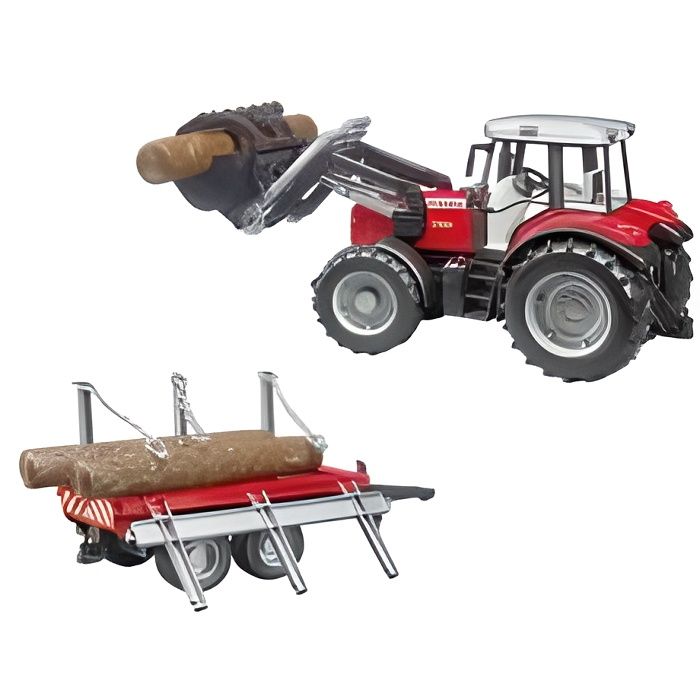 BRUDER - Tracteur MASSEY FERGUSON 7480 avec fourche et remorque de transport de bois