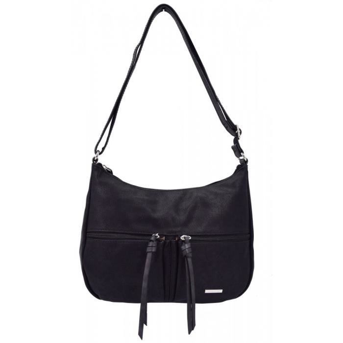 David Jones - Sac à Main Bandoulière Femme Multipoche - Besace Sacoche Epaule Cuir Souple Poches Multiples - Pochette Ville - Noir