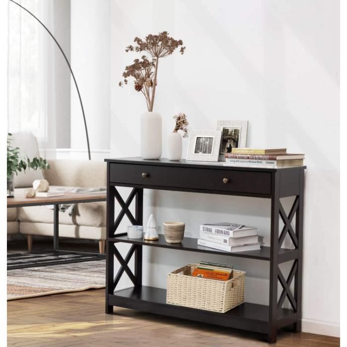 GIANTEX Table Console à 3 Niveaux avec 1 Grand Tiroir,2 Étagères de Rangement,Motif en X pour Couloir,Salon,Entrée,Couloir