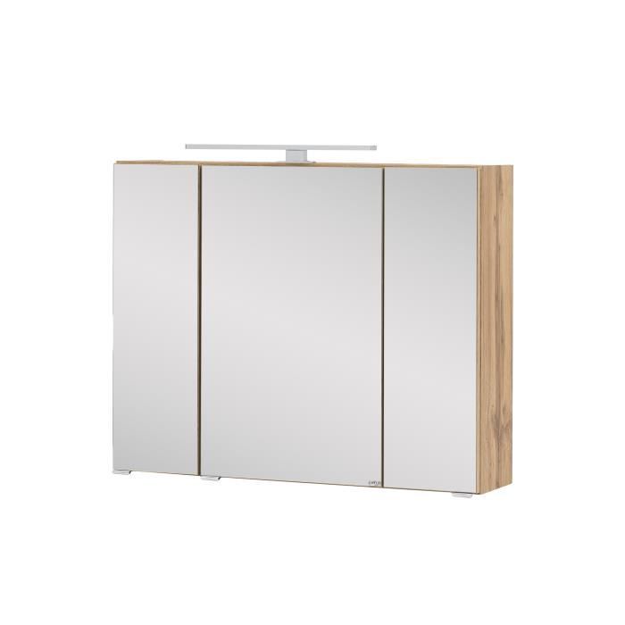 Armoire de toilette Kornel avec décor en chêne, équipée de 3 portes, de 6 étagères en verre et d'éclairage à LED (7 Watt). Interr...