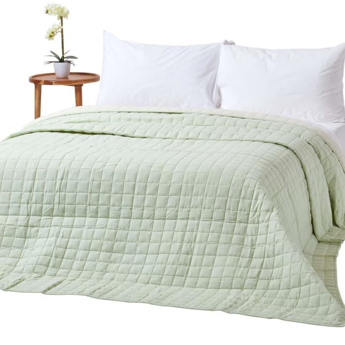 Couvre-lit bicolore en pur coton 400 g-m² vert sauge & crème 230 x 250 cm