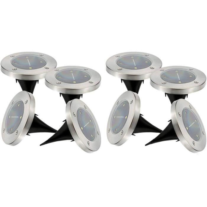 Lot de 8 spots solaires ronds inox encastrable ou à piquer LED blanc DECKY ∅12cm