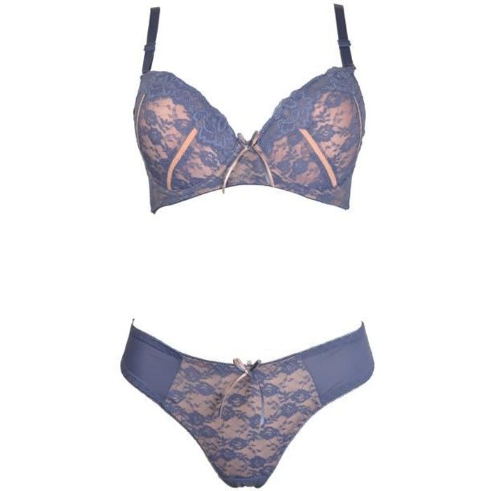 Ensemble lingerie femme soutien gorge et string 95C dentelle bleu lavande