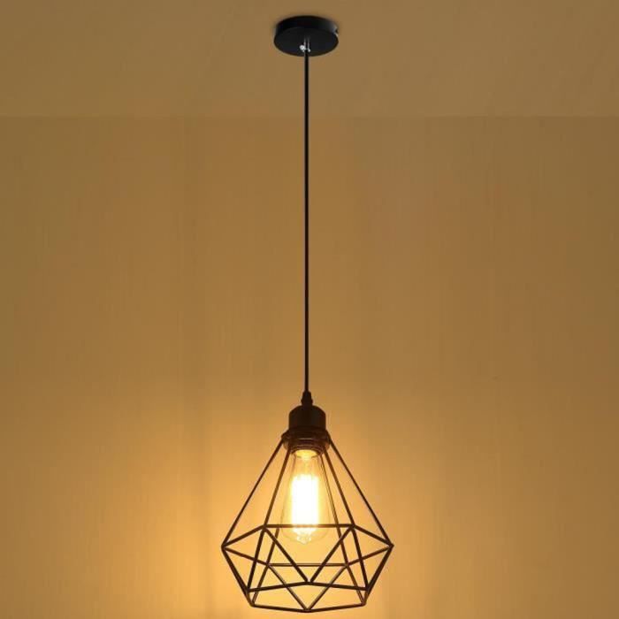 Lustre Suspension Industrielle forme Diamant Cage Lampe de Plafond Métal Luminaire Abat-Jour Style Vintage, Noir