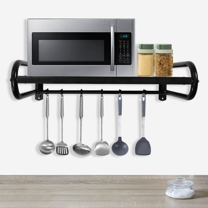 Support de four à micro-ondes extensible, multifonction meuble de rangement en métal, avec 6 crochets charge 25 kg , blanc 3700778729406
