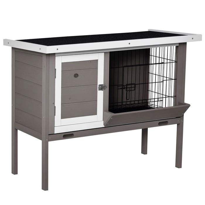 Comparer les prix de Clapier en bois PawHut pour lapin Cage d'extérieur avec toit en asphalte mangeoire plateaux amovibles et 2 portes 91x46x71 cm Gris