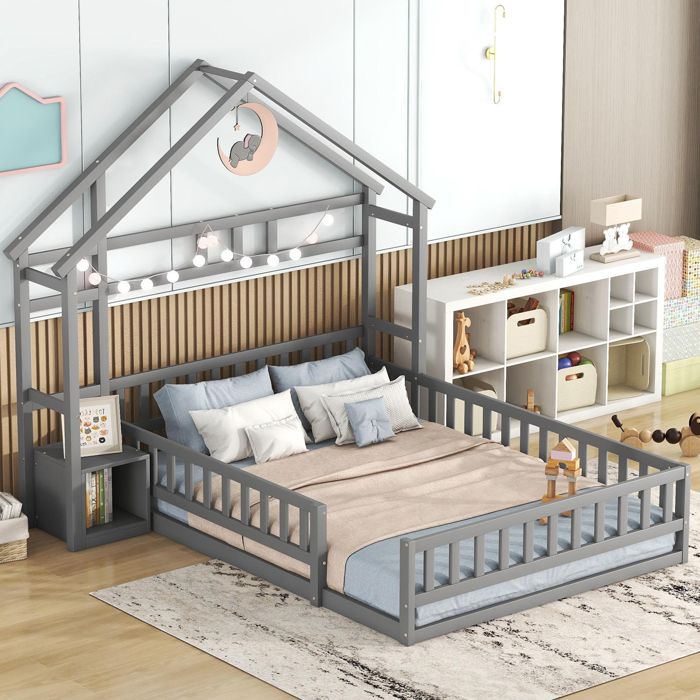LEADZM Lit Cabane Enfant 90x190 Cm Bois Pin Massif - Sommier Lattes, Barrières Sécurité, Style Montessori Blanc