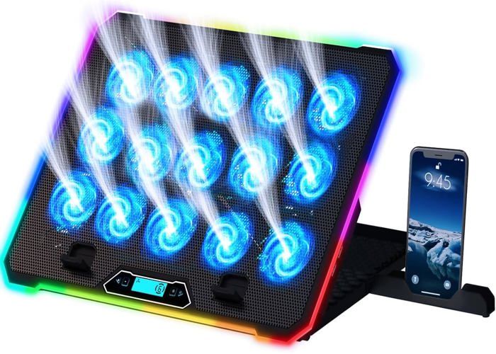 Support Refroidisseur PC Portable Gamer - 15 Ventilateurs RGB + écran LCD - KLIM V15 Pour Ordinateur 10-17 Pouces