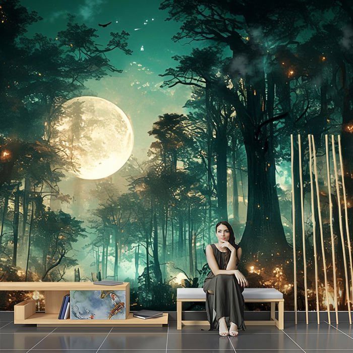 Papier Peint 3D Panoramique Forêt Nuit Scène Lune Arbre Moderne ...