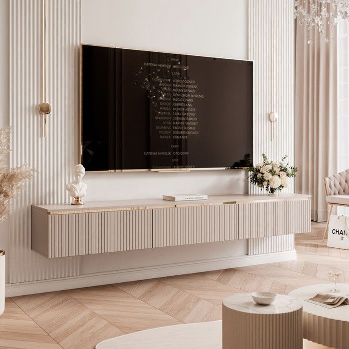 Meuble TV Mural SELIA - 3 portes sans poignées - 200x35x29 cm - façades rainurées - Cachemire