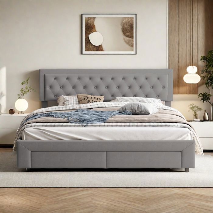 Lit Rembourré 160x200 avec Sommier Lit Coffre Adulte avec hydraulique de rangement et 2 tiroirs Style Scandinave en Velours Gris