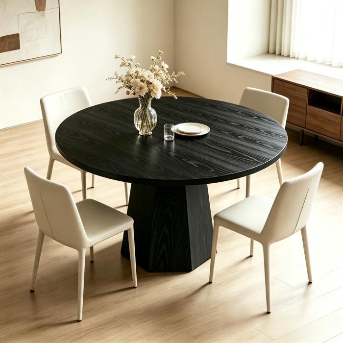 Petite table de salle à manger ronde noire de 118 cm avec piédestal incliné robuste meuble moderne pour salle à manger salon
