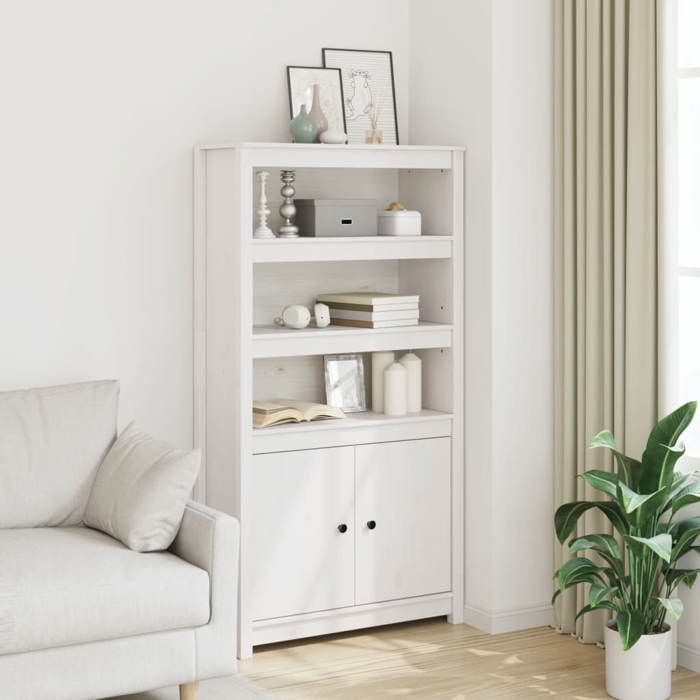 Buffet haut en bois massif - vidaXL - Blanc - 80x35x154 cm - Bois de pin - 3 compartiments ouverts - 2 portes