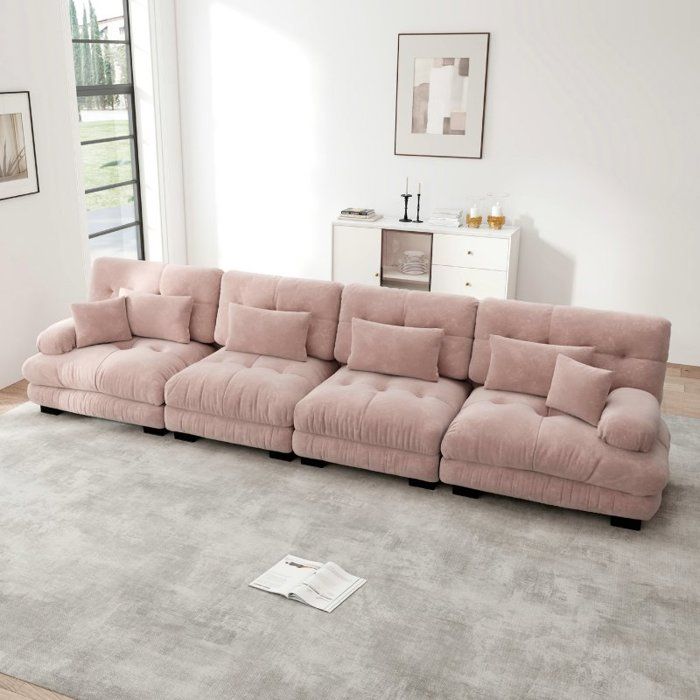 Canapé dangle modulable - LANGTU - 4 places - Assise profonde - Chenille vintage rose - Convertible canapé‑lit