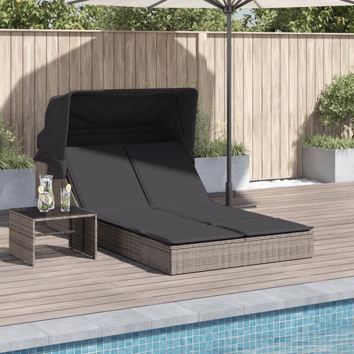 SALE 2026 Chaise longue terrasse Gris - Chaise longue double et auvent et coussins gris résine tressée PRO607531798