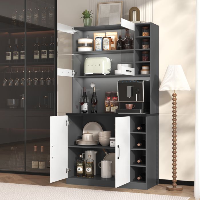Armoire de cuisine buffet 100x47x187 cm avec grand rangement LED MDF blanc gris