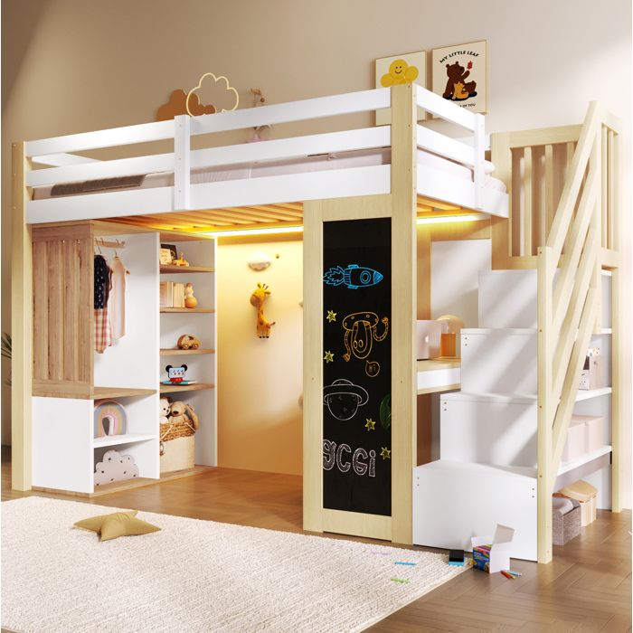 Lit mezzanine 90x200 cm enfant avec bureau étagères et armoire escalier de rangement LED blanc/naturel