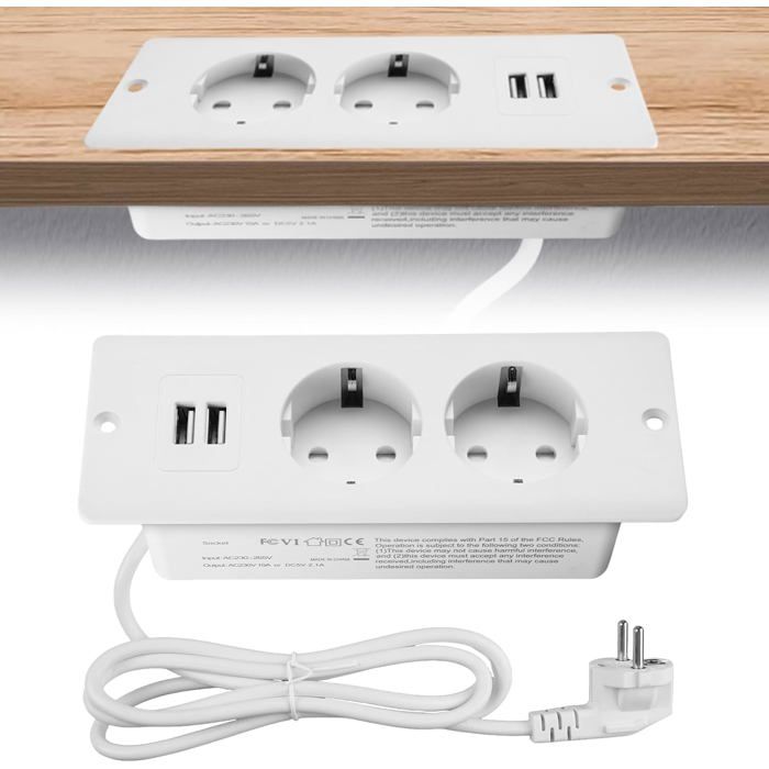 Multiprise de Bureau encastrable Double Prise avec 2 Ports USB et câble de 15 m idéale pour Les Tables Les Plans de Travail