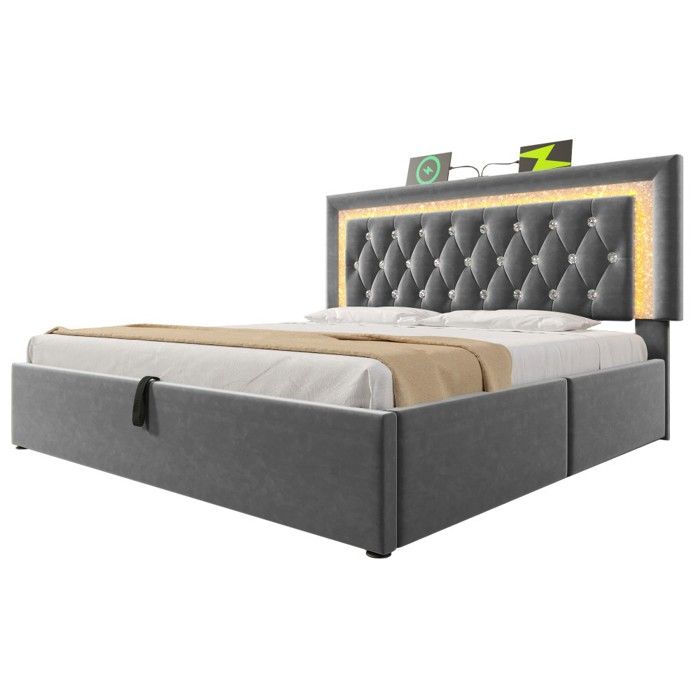 Lit Double Capitonné Velours Gris 160x200cm-Bande LED Diamant USB Type-C Rangement Hydraulique-Sommier Lattes sans Matelas