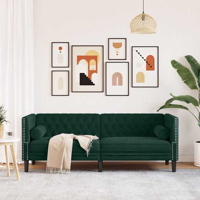 velours Canapé Chesterfield avec traversins 2 Adultes/enfants - SHIELDPRO® - CANAPÉ FIXE 3 places - vert foncé 608913