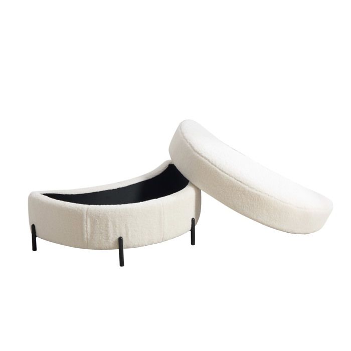 Tabouret de rangement en croissant - Repose-Pieds en Velours Blanc et Pieds en Métal - Couvercle réversible - Stable et Chic