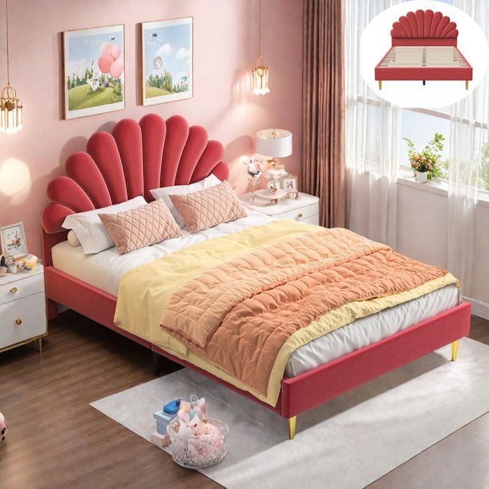 Lit Double Rembourré 140x200 cm Lit pour Fille avec Tête de Lit en Forme de Fleur et Sommier à Lattes Cadre de Lit Velours Rouge