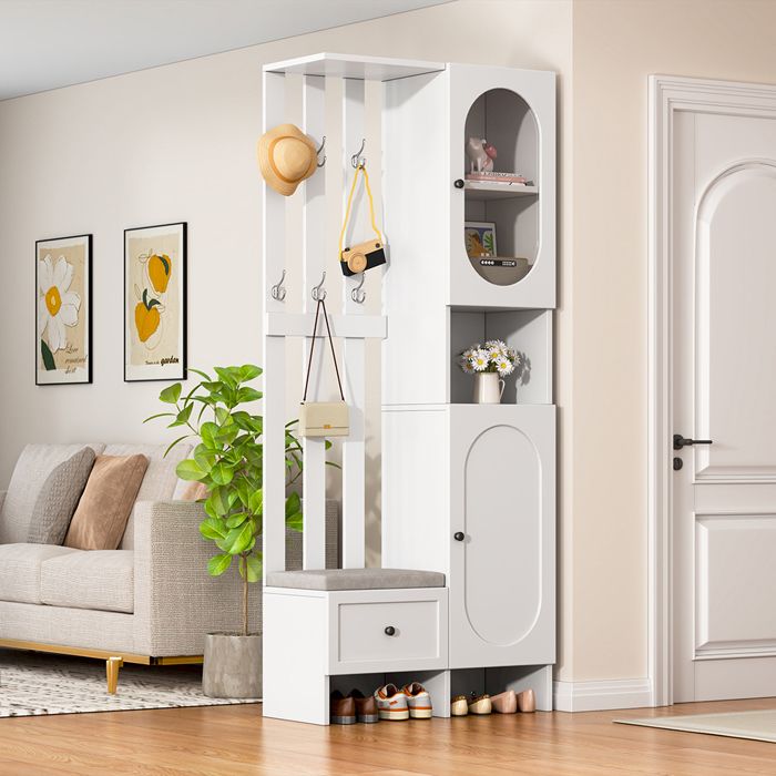 Armoire dentrée compacte - 85x33.5x200 cm - 2 armoires avec verre trempé - Tiroir-banc + 6 crochets - 10 étagères