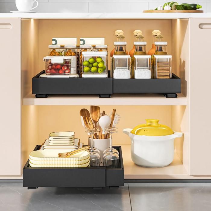 SUPFINE 2pcs Tiroir Coulissant Extensible Cuisine Organiseur Darmoire étagères Panier Largeur Réglable 32-52×42×7 5cm