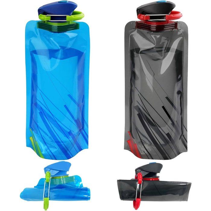 Lot de 2 bouteilles pliables 700ml avec mousqueton. Noir et bleu pour randonnée camping cyclisme et déplacements.