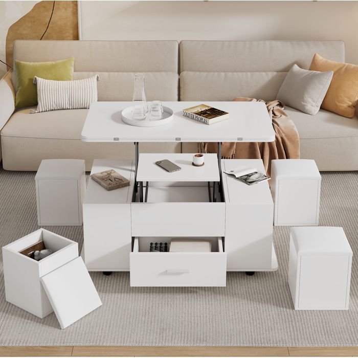 Table basse relevable extensible 4-en-1 avec 4 tabourets 1 tiroir et rangement ouvert sur roulettes blanc - UVRION