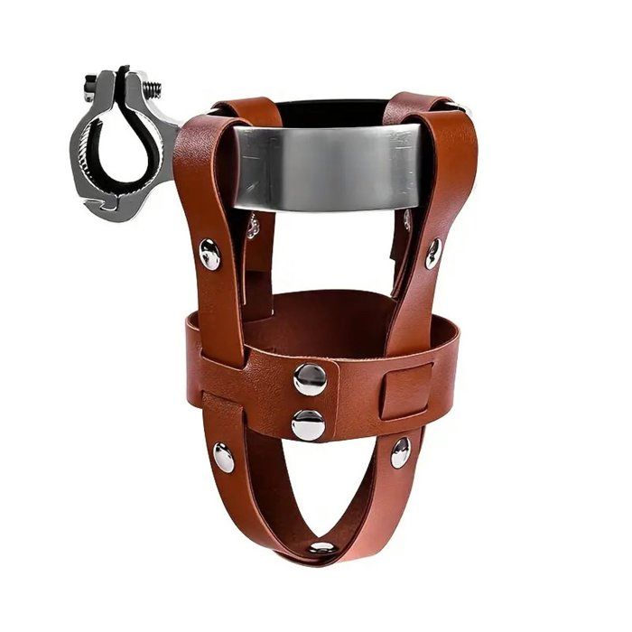 Porte-gobelet pour vélo guidon 222-254 mm support boisson café similicuir et métal installation facile marron