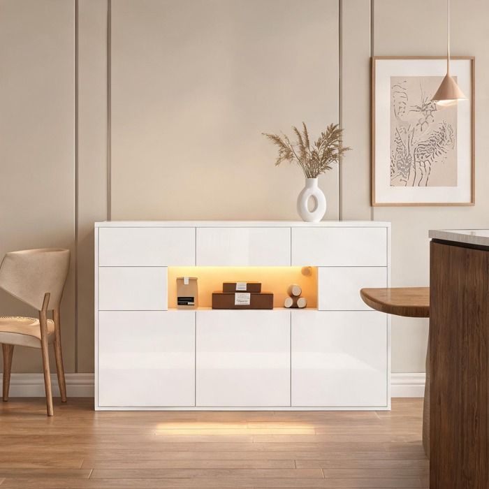 Buffet de salon blanc laqué 140 cm avec LED 3 tiroirs et 5 portes MDF