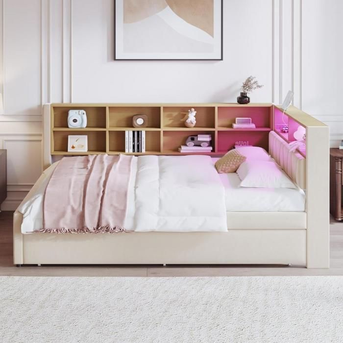 Canapé‑lit convertible - KOMHTOM - 140x200 - Flanelle - Lit gigogne 90x190 - LED intégrée & rangements Canapé‑lit convertible - KOMHTOM - 140x200 - Flanelle - Lit gigogne 90x190 - LED intégrée & rangements