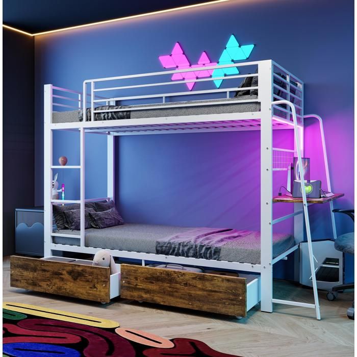 Lit Superposé 90x200cm - Lit double en métal avec Bureau Éclairage LED Tiroirs de Rangement et Barrière - Blanc