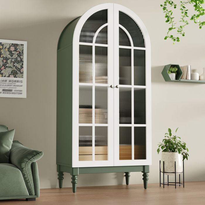 Armoire Vitrine Arquée 165 cm à 2 Portes en Verre Cannelé Vaisselier Vitré 3 Niveaux Vert Foncé