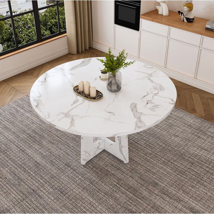 MEUBLIV Table à manger ronde 120 cm en MDF décor marbre blanc hauteur 76 cm 4 à 6 personnes