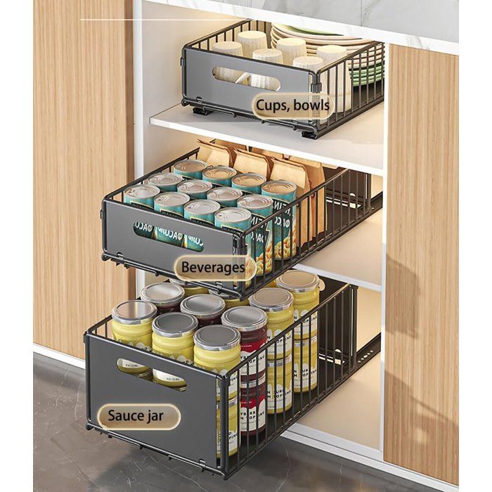Lot de 2 Tiroirs coulissant sous evier télescopiques Noir Etagères de rangement extensible pour placard de cuisine Petit + Grand