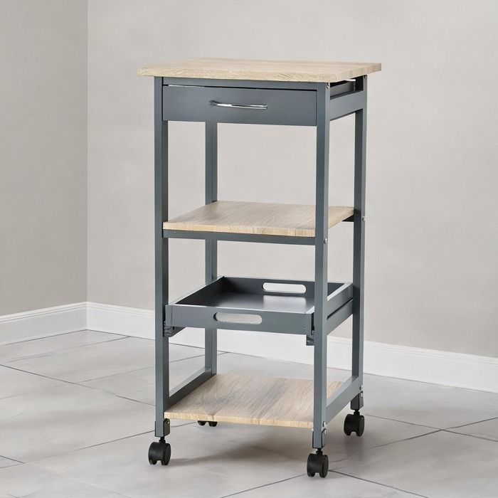 Desserte de cuisine contemporaine en bois bicolore plateau amovible et tiroir 4 roulettes pivotantes
