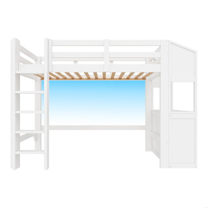 ELVORIN lit mezzanine 90 x 200 cm blanc avec 3 tiroirs étagères échelle et éclairage LED