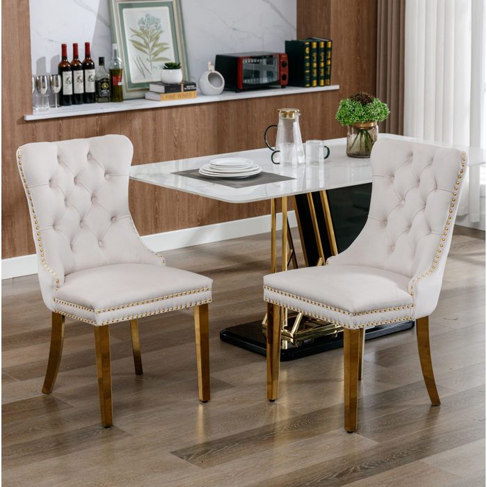 Chaises de salle à manger modernes beige en velours capitonné bois massif pieds inox doré lot de 2