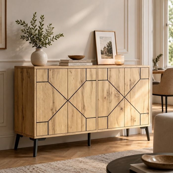 Buffet Bois Naturel 120 cm avec Motif Ondulé 4 Portes Push-to-Open 4 Compartiments et Pieds Métal