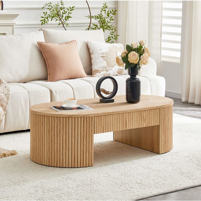 Table de salon ovale effet chêne avec tiroir meuble en bois au design rainuré