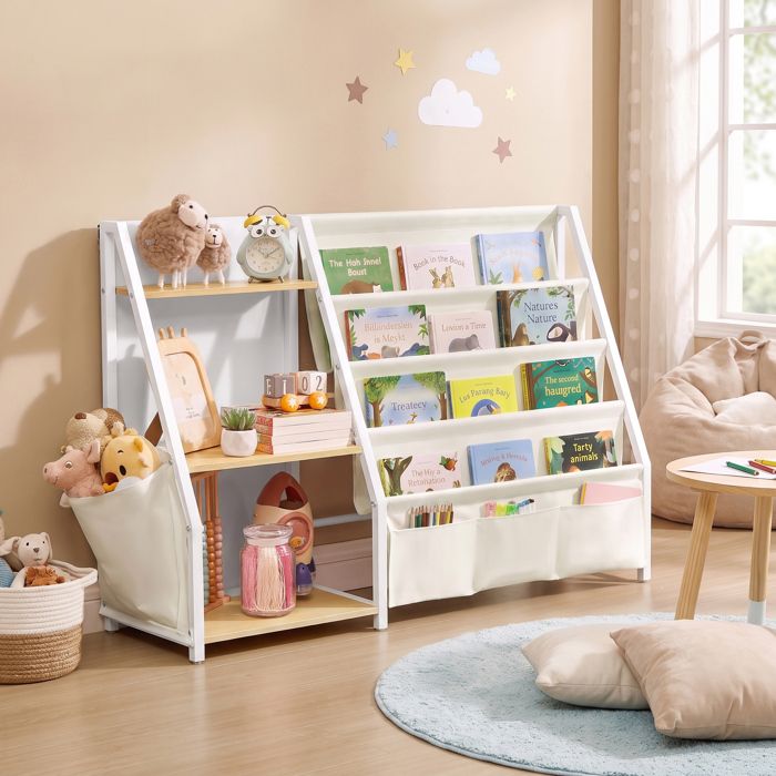 Bibliothèque Enfant et Meuble à Jouets avec Poches en Tissu 108 5 x 30 x 75 cm Jaune