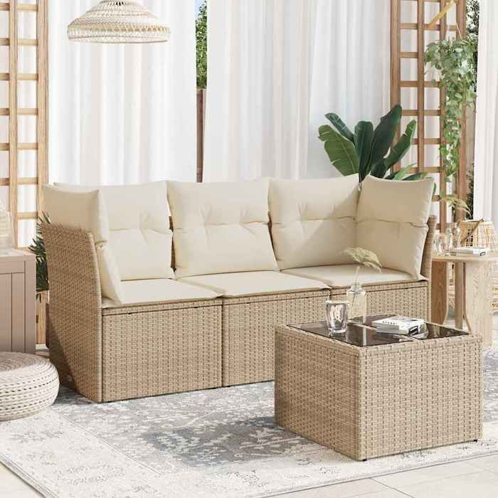 Beige Salon de jardin avec coussins 4 pcs beige résine tressée - Meuble de balcon LV53029