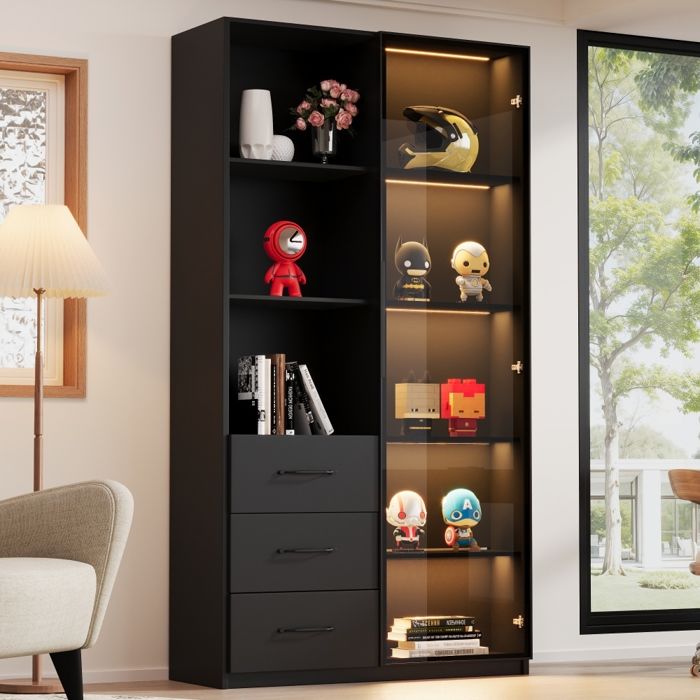 80 x 40 x 160 cm vitrine LED bibliothèque avec porte en verre trempé 3 tiroirs 3 étagères rangement salon