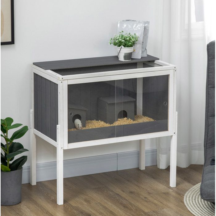 Cage hamster en bois – Gris foncé – 2 huttes accessoires acrylique transparent – 82 x 45 x 81 cm